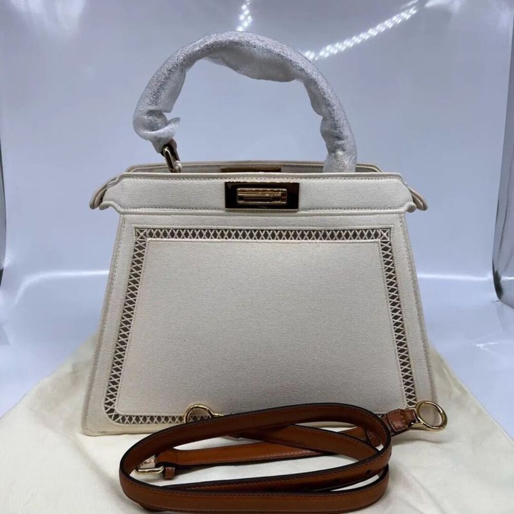 Fendi Cream Structured Top-Handle Bag with Brown Strap